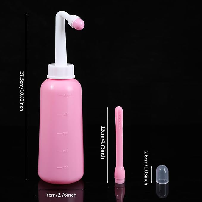 Peri Bottle Vaginal Douche- Postpartum and Perineal Care，Multi-Functional Douche Bottle for Women, 2IN1 Short Punch+Long Punch, 500ml, Pink