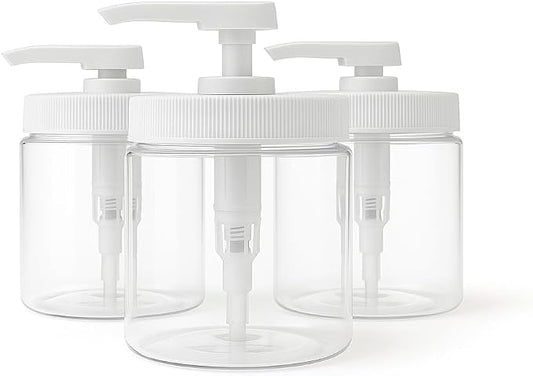 Royal Massage 16oz Refillable Pump Jar with Locking Dip Tube Dispenser – BPA-Free Plastic Container for Massage Oils, Lotions, Creams – Ribbed Lid Wide-Mouth Jar – Durable & Reusable (Clear/White, 3)