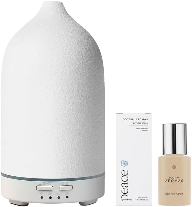 Doctor Aromas Ultrasonic Aromatherapy Essential Oil Lava Stone Diffuser & 1 Scent (1 OZ) 30Ml - Super Quiet, Waterless Auto-Off Function for Fresh Air in Home Office Room (Peace)