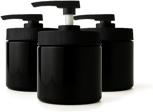 Royal Massage 16oz Refillable Pump Jar with Locking Dip Tube Dispenser – BPA-Free Plastic Container for Massage Oils, Lotions, Creams – Ribbed Lid Wide-Mouth Jar – Durable & Reusable (Black/Black, 3)