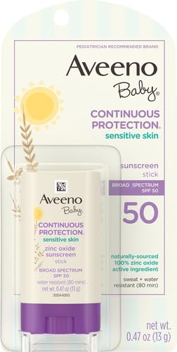 Aveeno Baby Continuous Protection Mineral Sunscreen Stick for Sensitive Skin with Broad Spectrum SPF 50 Protection for Face & Body, Naturally Sourced 100% Zinc Oxide, Travel Size, 0.47 oz (Pack of 12)