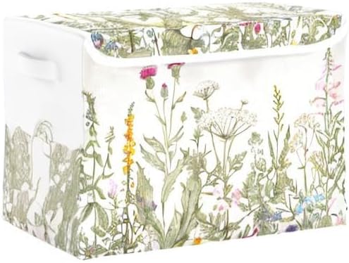Vintage Colorful Herbs and Wild Flowers Floral Storage Bins with Lids and Carrying Handle,Foldable Storage Boxes Organizer Containers Baskets Cube with Cover for Home Bedroom Closet Office