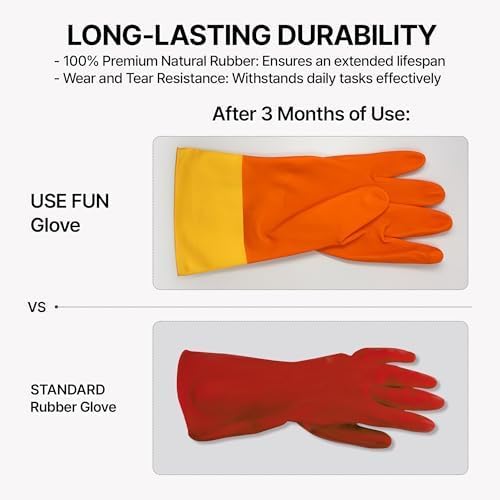 USE FUN Kitchen Rubber Gloves – 100% Natural Latex, Durable Non-Slip Waterproof Dishwashing Gloves, M/L/XL