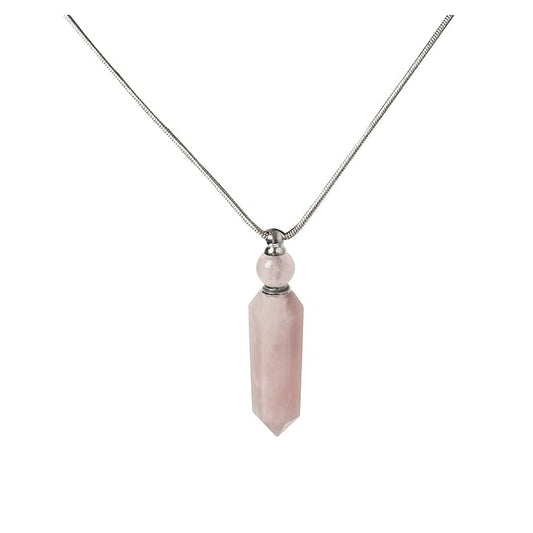 AMOYSTONE 1P Rose Quartz Crystal Perfume Necklace Long Chain Healing Stone Hexagonal Aroma Essential Oil Diffuser Perfume Natural Crystal Bottle Necklace Gifts