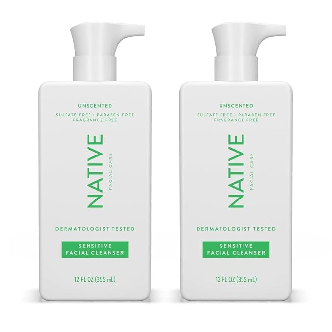 Native Sensitive Face Wash, Spa Day Every Day Facial Cleanser (2 Pack) | Daily Face Cleaner with Aloe and Vitamin B3, Unscented, 12 fl oz