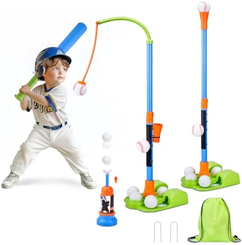 JoyCat 3-in-1 T Ball Set for Kids 3-5,Toddler Baseball Set-T Ball Stand,Hanging Tee,Auto Launcher,6 Balls-Adjustable Height Sports&Outdoor/Indoor Toys for 3 4 5 6 7 8 Year Old Boy Girl Birthday Gift