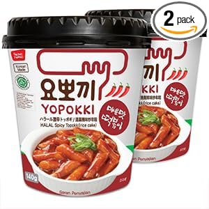 Yopokki Instant Halal Tteokbokki Cup (Hot Spicy, 2 Cups) Korean Street food with Hot Spicy sauce Topokki Rice Cake - Quick & Easy to Prepare