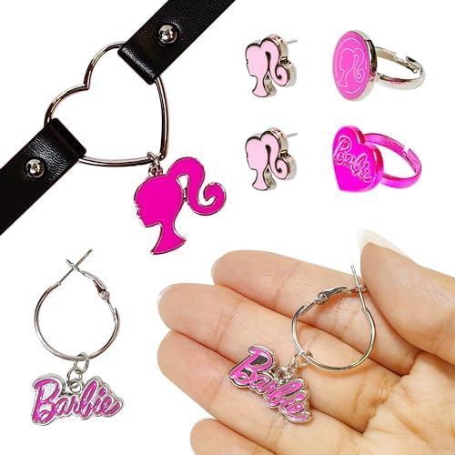 LUV HER Barbie themed 2-Piece Adjustable Ring Set, a pair of stud and hoop earrings, and a choker for Girls - Barbie Themed Charms, Universally Fitting & Stylish Gifts - Ages 4+