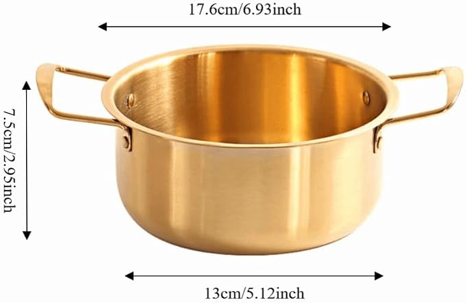 Korean Ramen Cooking Pot 17.6cm - Stainless Steel Mini Hot Pot Design Noodle Pot for Induction & Gas Stove, Easy-Clean Gold
