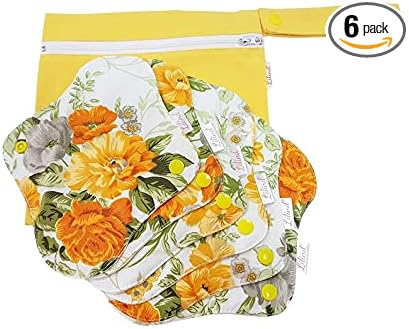 Lilind® 6 Pack Organic Cloth Pads, Regular 9 inch 100% Cotton Reusable Menstrual Sanitary Napkins, Free Wet Bag, Complete Set, Zero Waste