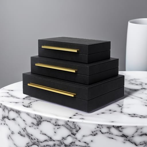 Faux Shagreen Decorative Stackable Jewelry Storage Boxes Set of 3,Black | Jewelry Organizers with Gold Metal Handles & Velvet Lining, Modern Black Box for Vanity, Entryway & Coffee Table Décor