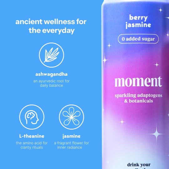 Moment Adaptogen Drink (Shark Tank) - Calm, Clarity & Relaxation with L-Theanine & Ashwagandha - Non Alcoholic Drinks for Adults - Sparkling Botanical Soda - 0 Sugar 0 Caffeine - 12 Pack 11.5 fl oz