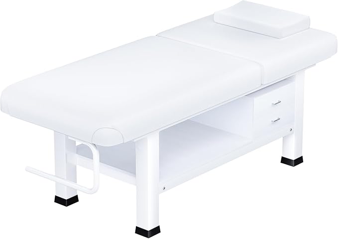 Heavy Duty Frame Professional Massage Table with Adjustable Backrest & Height Legs & Face Pillow, PU Leather, for Treatment,Physical Therapy,Spa Facial Professional Massage (Wood/With Drawers, White)