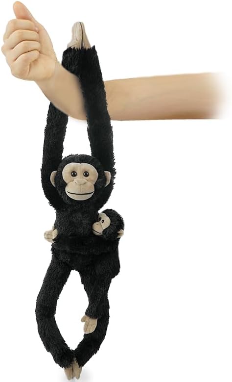 2pcs Chimpanzee Hanging Stuffed Animal Mother with Baby Hangs Plush Toys, Hooks and Stuffed Animals with Rings for Kids 4-8, Gifts for Boys and Girls（Black）