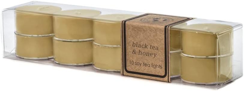 Eco Candle Co. Black Tea & Honey Tea Light Candles, 10-Pk, 9 Hr Burn Time | Scents Of Spicy Tea, Nutmeg, Honey, & Orange - Recyclable Plastic Cups, No Lead, Hand Poured, Midwest Soybeans, .6 oz. Each