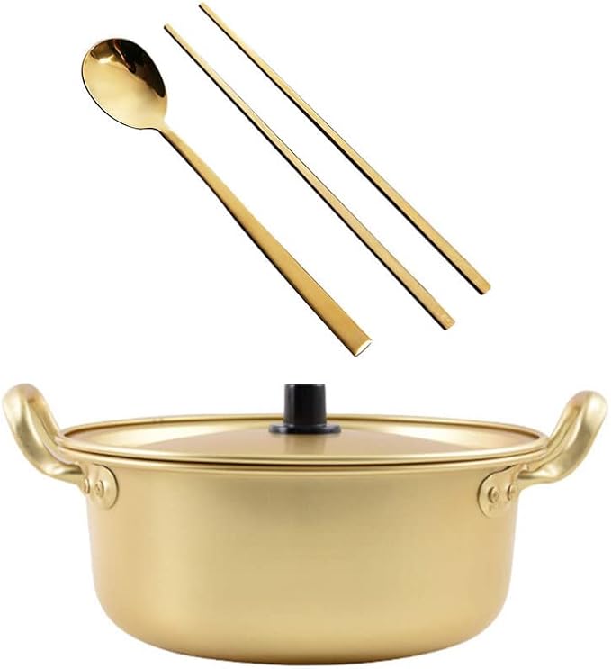 Hemoton 1 Set Ramen Pot, Korean Ramen Cooking Pot with Lid Spoon and Chopsticks (1pair), Korean Ramen Noodle Pot Korean Stockpots with Double Handle (7inch/ 18cm)
