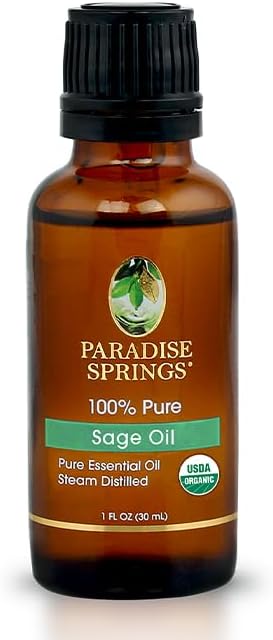 Paradise Springs Organic Sage Essential Oil, 100% Pure and Natural Organic Sage Essential Oil for Diffusers for Home Aromatherapy, Massage, Humidifiers, 1 fl oz (30ml)
