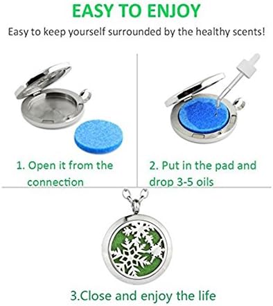 Aromatherapy Essential Oil Diffuser Stainless Steel 30MM Silver Magnetic Locket Pendant with Chain Necklace and Colored Refill Pads & Diffuser Bracelet all in a velvet bag (Snowflake2)