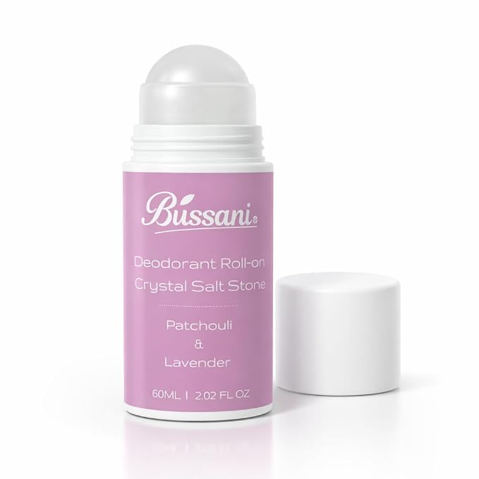 Bussani Women's Roll-On Deodorant – 24H Fresh Odor Protection, No White Marks, Gentle on Skin, Aluminum & Baking Soda Free, Crystal Salt Stone, Patchouli Lavender, 2.02 oz