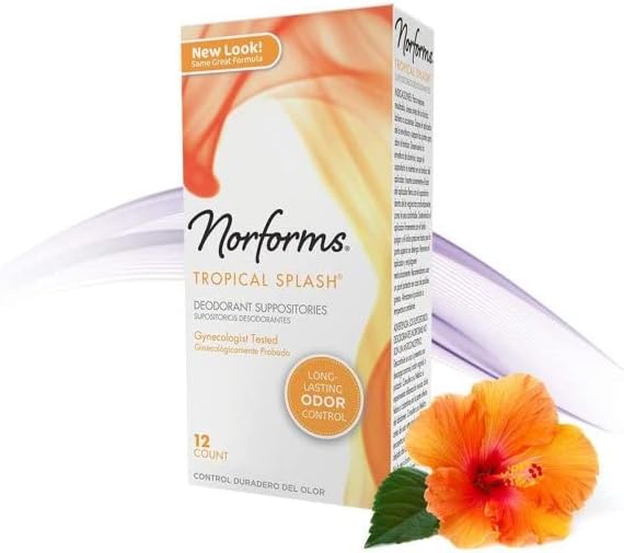 Norforms Feminine Deodorant Suppositories | Long Lasting Odor Control | Tropical Splash | 12 Count | Pack of 3 | Gentle pH-Balanced Formula, for Vaginal Odor Control, Gynecologist Tested, 12 Individually Wrapped Suppositories