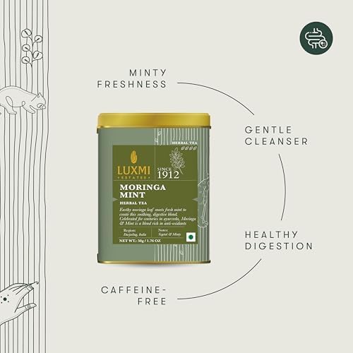 Luxmi Estates Moringa Mint Tea, Loose Leaf, 50g (1.76oz, ~25 Cups), Moringa Oleifera Leaf with Spearmint - Caffeine-Free Herbal Superfood Infusion, Vegan & Non-GMO