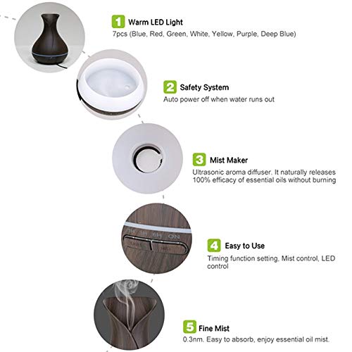 Essential Oil Diffuser Tulip Dark Wood Diffuser LED Advanced Cool Mist Humidifier 14 Color LED Night Light - Our Best Wood Grain - Birthday Gifts & Housewarming Gifts