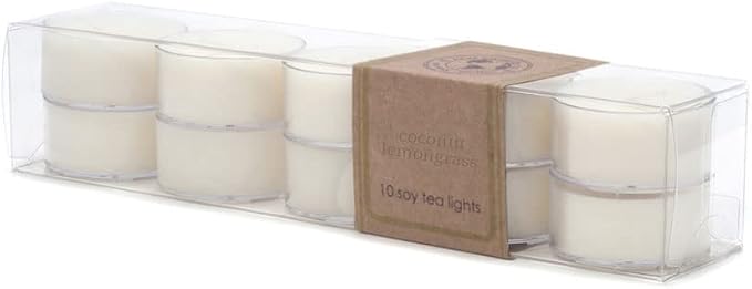 Eco Candle Co. Coconut Lemongrass Tea Light Candles, 10-Pk, 9 Hr Burn Time | Scents of Coconut, Lemongrass, Vanilla, & Orange - Recyclable, No Lead, Hand Poured, Midwest Soybeans, .6 oz. Each