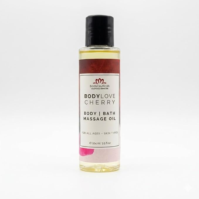 Cherry BodyLove Massage Oil – 100% Food-Grade, Organic Hydrating Body Oil with Calendula – Non-GMO, Vegan, Gentle on Sensitive Skin – 3.5 oz