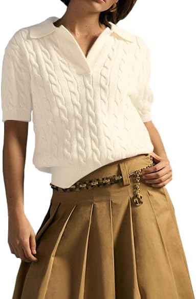 Imily Bela Womens Cable Short Sleeve Sweaters Tops Lapel V Neck Knit Shirt | Solid,Knit Casual,Soft Pullover,Fall Sweaters,Womens Summer Work Tops