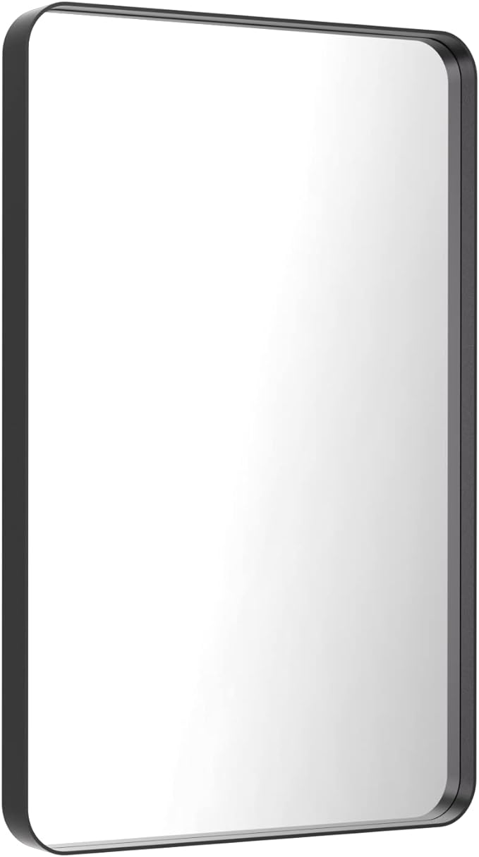 LOAAO 28X36 Inch Black Bathroom Mirror Metal Framed | Matte Black, Rounded Rectangle, Anti-Rust, Hangs Horizontally or Vertically