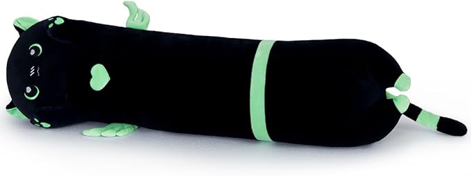 Long Cat Body Pillow for Kids, Cute Cat Stuffed Animals Gifts for Girls, Long Cat Plush Toy for Birthday, Soft Cat Plushies Pillow (AngelCat Green, 35.4in/90cm)