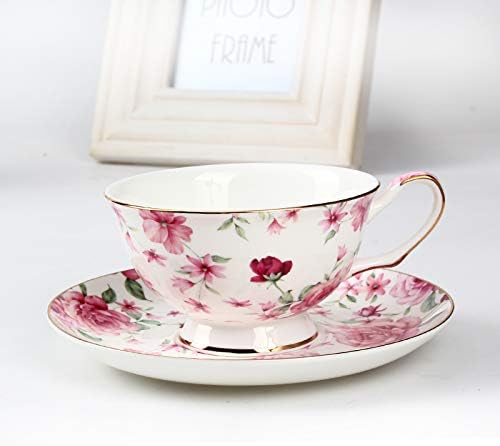 BTaT- Floral Tea Cups and Saucers Set of 4, 7 oz | Porcelain Tea Cup Set Assorted Colors Gold Trim Dishwasher Freezer Safe
