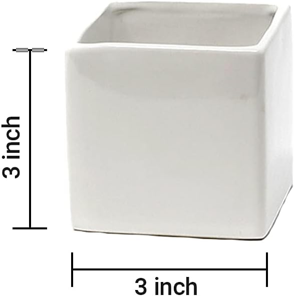 Serene Spaces Living Set of 4 Glossy White Ceramic Square Vase, Succulent Planter, Ceramic Cube Vase for Flowers, Decorative Centerpiece for Home, Office, Wedding,Measures 3" Diameter & 3" Tall