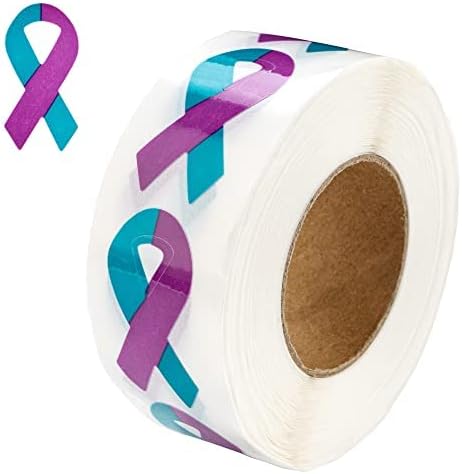 Small Teal & Purple Ribbon Awareness Stickers for Sexual Assault & Suicide Awareness - Perfect for Events, and Fundraising (1 Roll -250 Stickers)