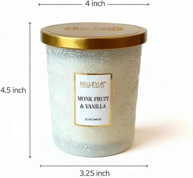 Bellevue Luxury Candles, 12 OZ Soy Blend Candle, Embossed Glass, Fragrances formulated with Essential Oils, Home Fragrances, Scented Candles Gift Set ǀ Scent: Monk Fruit & Vanilla