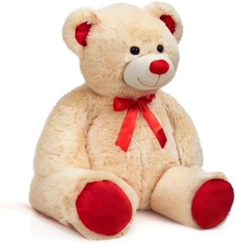 Huge Teddy Bear Stuffed Animal Giant Teddy Bear Plush with Red Ribbon Bow Day Plush Toy Gift for Girlfriend and Kids 36 inch Beige