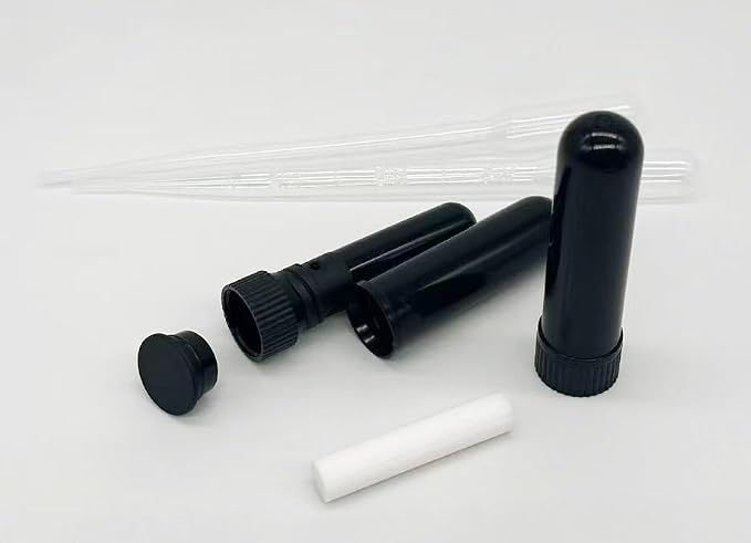 12PCS Essential Oil Aromatherapy Blank Nasal Inhaler Tubes (Includes 12 inhalers+12 unscented Wicks+2 Plastic Droppers)-Black.