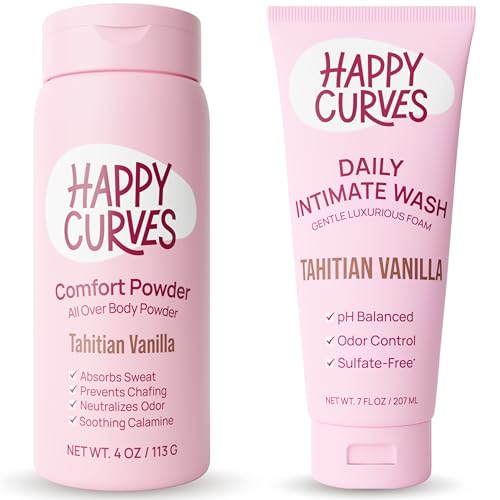 HAPPY CURVES Talc-Free Anti-Chafe Comfort Powder & pH Balanced Sulfate-Free Feminine Wash Bundle - Complete Intimate Care for Women (Tahitian Vanilla)
