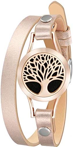 Wild Essentials Rose Gold Tree Essential Oil Bracelet Diffuser, Leather Wrap Band, Stainless Steel Locket Pendant, 12 Color Refill Pads, Customizable Color Changing Perfume Jewelry for Aromatherapy
