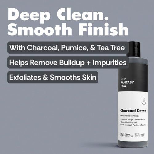 Her Fantasy Box | Charcoal Detox Exfoliating Body Wash – Activated Charcoal & Pumice Deep Cleanser with Tea Tree & Eucalyptus, Refreshing Exfoliation for Smoother Skin, Vegan & pH Balanced (16 oz)