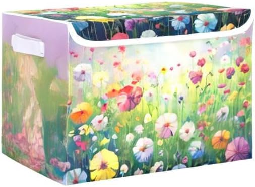 Colorful Flowers Storage Bins with Lids and Carrying Handle,Foldable Storage Boxes Organizer Containers Baskets Cube with Cover for Home Bedroom Closet Office