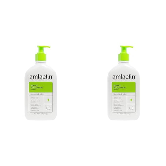 AmLactin Daily Nourish Therapeutic Body Lotion for Dry Skin - No-Scrub Exfoliator and Moisturizer 12% Lactic Acid Lotion,14.1 oz (Packaging May Vary),(Pack of 2)