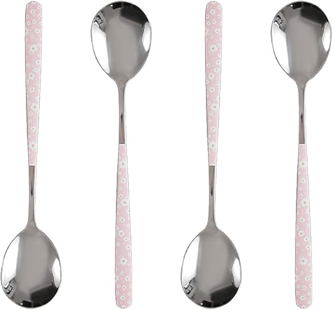 Stainless Steel Soup Spoon,Korean Dessert Pink Daisy Mixed Color Spoon for Home, Kitchen or Restaurant, Set of 4 Pink Daisy Colour Soup Spoons, 8 Inches.