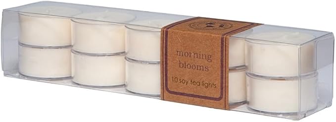 Eco Candle Co. Morning Blooms Tea Light Candles, 10-Pack, 9 Hr Burn Time | Scents of Lilac, Lily & Jasmine- Recyclable, No Lead, Hand Poured, Made from Midwest Grown Soybeans, 6 oz. Each