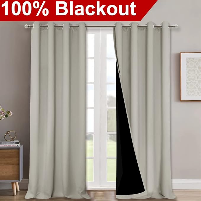 NICETOWN Full Shading Curtains for Windows, Super Heavy-Duty Black Lined Blackout Curtains for Bedroom, Privacy Assured Window Treatment (Natural, Pack of 2, 52 inches W x 95 inches L)
