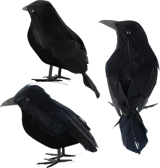 AEVBSOY 3 Pack Black-Feathered Crows Halloween Decorations - Realistic Artificial Handmade Black Feathered Crows for Halloween Party & Outdoor/Indoor Decorations