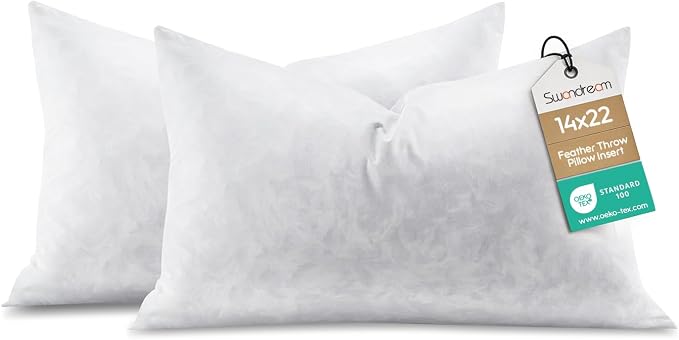 14x22 Feather Lumbar Pillow Inserts, Decorative Throw Pillow Inserts for Covers, Fuller Fit with Soft Support for Bed and Couch, Set of 2