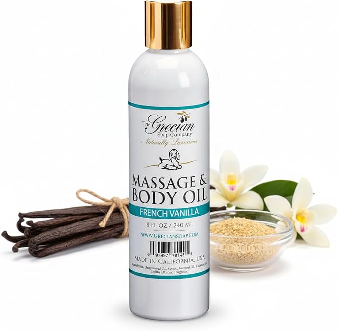 The Grecian Soap Company Massage & Body Oil – French Vanilla Scented Moisturizing Oil for Massage, Dry Skin, or Spa Use, 8 oz