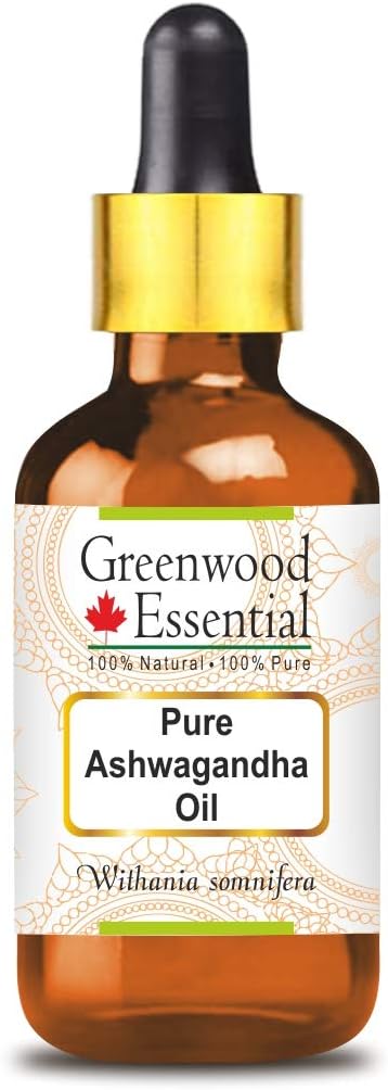 Greenwood Essential Ashwagandha Oil (Withania somnifera) with Glass Dropper | Infused | Pure | Non-Sticky | Lightweight | Ayurvedic | For Body Massage | Men & Women | 30ml (1 oz)