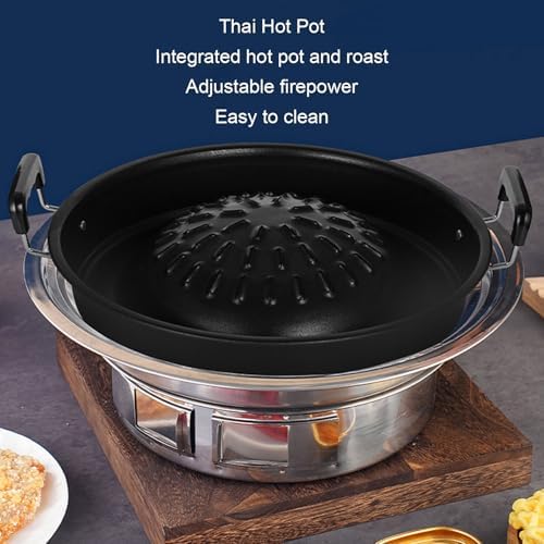 Asixxsix Thai Korean BBQ Grill Pan, Aluminum BBQ Grill Topper, 2 in 1 Non Stick Smoke Steak Grill Charcoal Pan Pork Hot Pot, Even Heating Barbecue Grill Plates, Camping BBQ Pan (35cm/13.78in Black)